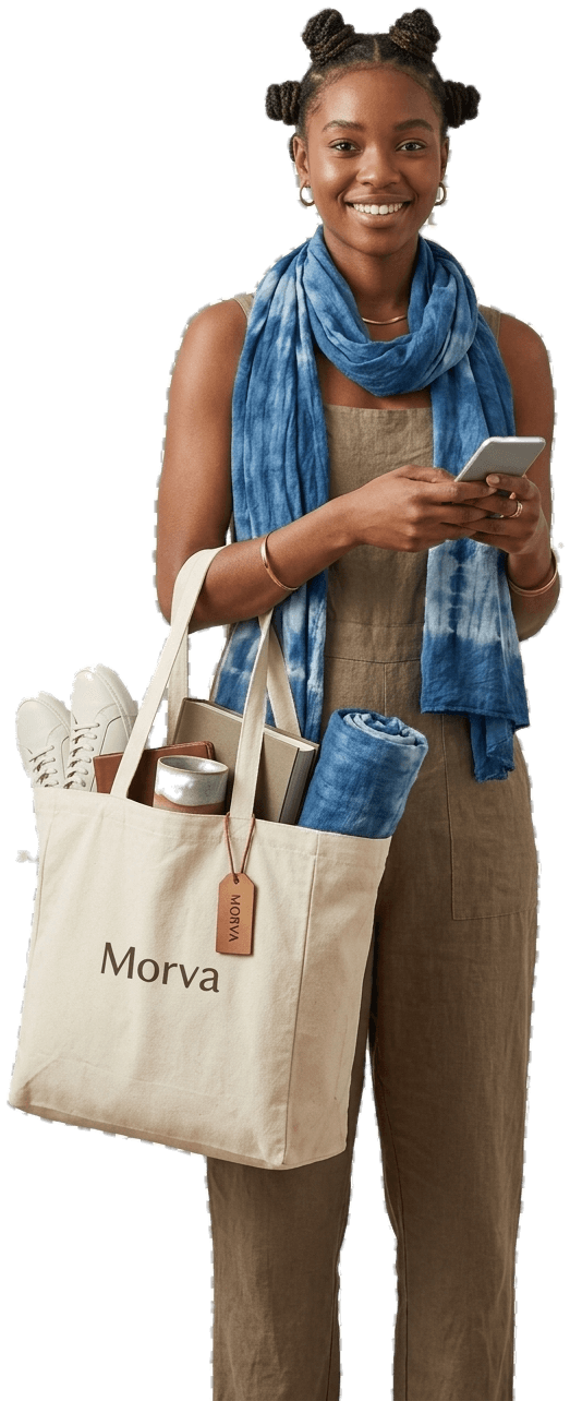 A Morva shopper carrying a tote bag from the plaza